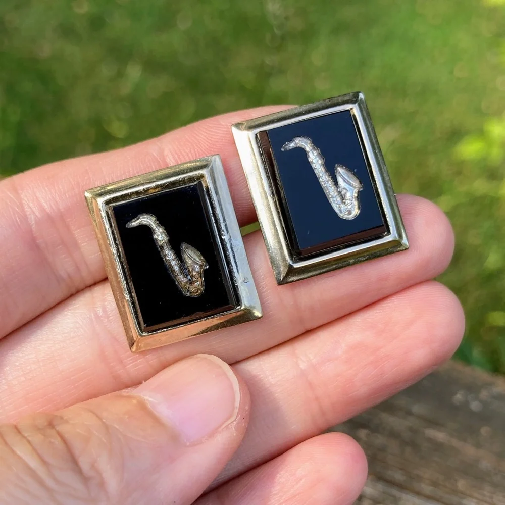 Vintage Black Glass Etched Saxophone Silver Tone Cufflinks
